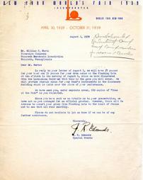 Letter from New York World's Fair 1939 Special Events to William F. Mertz, Excursion Chairman