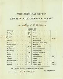 Semi-Sessional Report of Lawrenceville Female Seminary for Mary E. D. Wilson, April 1852