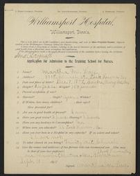Application of Martha M. Lay for admission to the Williamsport Hospital Training School for Nurses