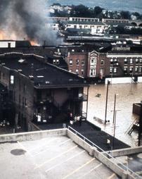 Wilkes-Barre, PA - Military Helicopter Aerial View of Northampton Street fire during Hurricane Agnes flood.