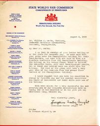 Letter from State World's Fair Commission to William F. Mertz
