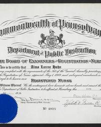 Registration certificate of Alma Lorene Hahn, awarded by the Department of Public Instruction