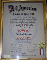 Christy Mathewson 50 year celebration certificate from the All America Board of Baseball