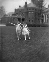 614, Play Cast Outside, Two Girls in Costume on Lawn, Flowers Around Head and Neck, Stockings on Legs, 8x10