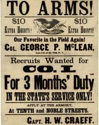 Civil War (pre and post to 1910) -Recruiting, 'To Arms $10 Extra Bounty, Recruits Wanted for Co. I. For 3 Months' Duty'