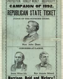 Civil War (pre and post to 1910) -Political, 'Campaign of 1892. Republican State Ticket. Harrison, Reid and Victory!' Judge of the Supreme Court, Hon. John Dean. Congress-At-Large, General William Lilly and Major Alexander McDowell.