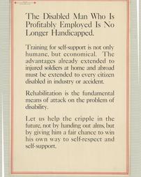 WW 1-Red Cross "The Disabled Man Who is Profitably Employed is No Longer Handicapped", additional text on poster, Institute for Crippled and Disabled Men and Institute for the Blind