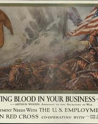 WW 1-Red Cross "Put Fighting Blood in Your Business, Here's His Record! Does He Get a Job?", additional text on poster, Dept. of War, Dept. of Labor