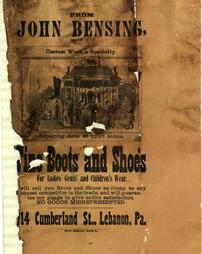 Civil War (pre and post to 1910) -Advertisement from John Bensing, 'Fine Boots and Shoes for Ladies' Gents' and Children's Wear'