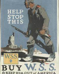 WW 1-War Savings Stamps "Help Stop This, W.S.S., Buy W.S.S. & Keep Him Out of America", additional text on poster, L.E. Waterman Co.