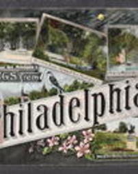 Philadelphia County, Novelty Postcards, Greetings from Philadelphia, Pa., Fountain in Fairmount Park, The Artist's Dream, Fairmount Park, Along the Wissahickon, and Joan of Arc Statue, Fairmount Park
