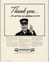WW2-Travel, "Thank You…for giving up needless travel!" Pennsylvania Railroad