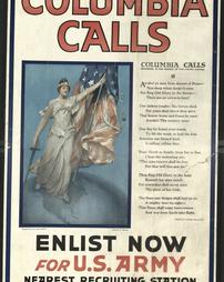 WW 1-Recruiting "Columbia Calls, Enlist now for U.S. Army Nearest Recruiting Station", additional text on poster