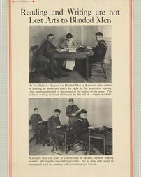 WW 1-Red Cross "Reading and Writing are not Lost Arts to Blinded Men", additional text on poster, Institute for Crippled and Disabled Men and Institute for the Blind