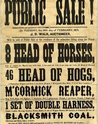 Civil War (pre and post to 1910) -Advertisement, Public sale of animals and farm equipment at Kauffman's Station near Chambersburg, Pa. by J.D. Walk, auctioneer