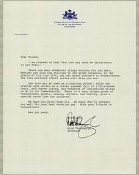 Bureau of Travel Development, "Letter from Governor Dick Thornburgh" as part of tourist packet which included the 1982 Department of Commerce "Pennsylvania" posters